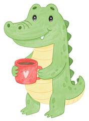 Cute crocodile with red coffee cup, watercolor animal illustration