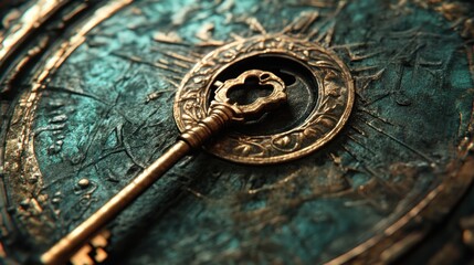 Obraz premium Ornate antique key on decorative metal disc. Intricate carvings, teal-green patina, golden key
