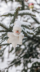 Snowman ornament hanging on snowy tree branch, winter decoration.