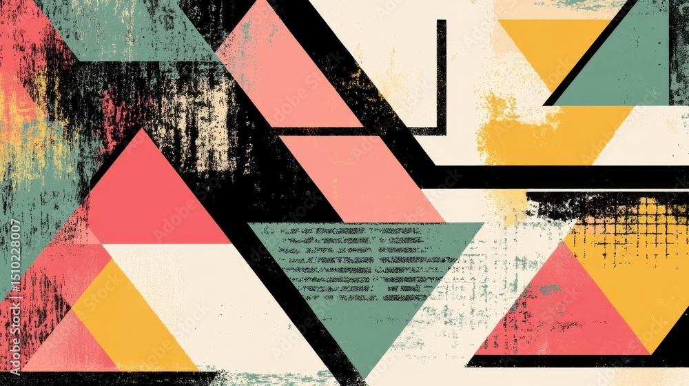 Poster geometric symphony: an abstract composition featuring colorful geometric shapes and textures, evokin