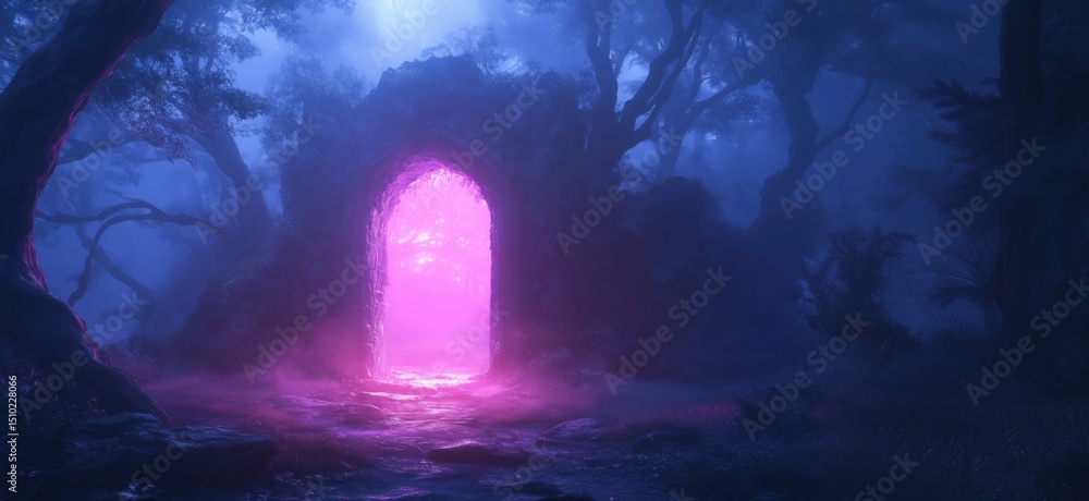 Poster mysterious glowing portal in enchanted forest surrounded by mist and trees