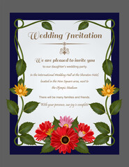 Beautiful wedding invitation card layout design vector surrounded by realistic flowers on blue white background