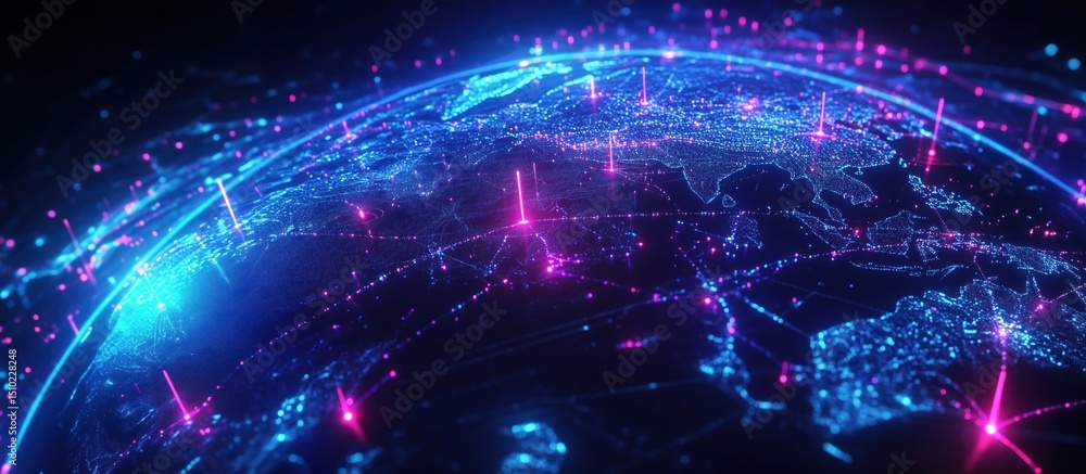 Poster digital globe with glowing connections and data points representing global network