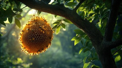 Honeycomb cluster hanging from tree branch in sunlit forest.  Buzzing with bees