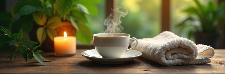 A steaming cup of tea sits beside a fluffy towel on a wooden table, next to a lit candle and lush green plants, creating an ambiance of tranquil warmth and comfort , organic, wellness retreat, hygge