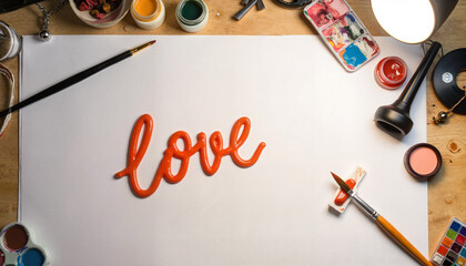 Colorful paintbrush and supplies with "love" written on paper  