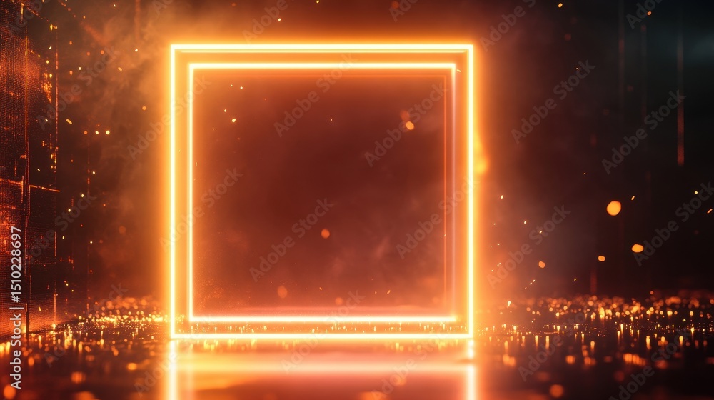 Poster neon square frame: glowing neon orange square frame with a dark background and bokeh effect. perfect