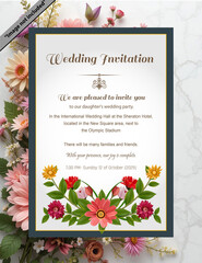 Wonderful wedding invitation card template design vector inlaid with realistic flowers on blue white background