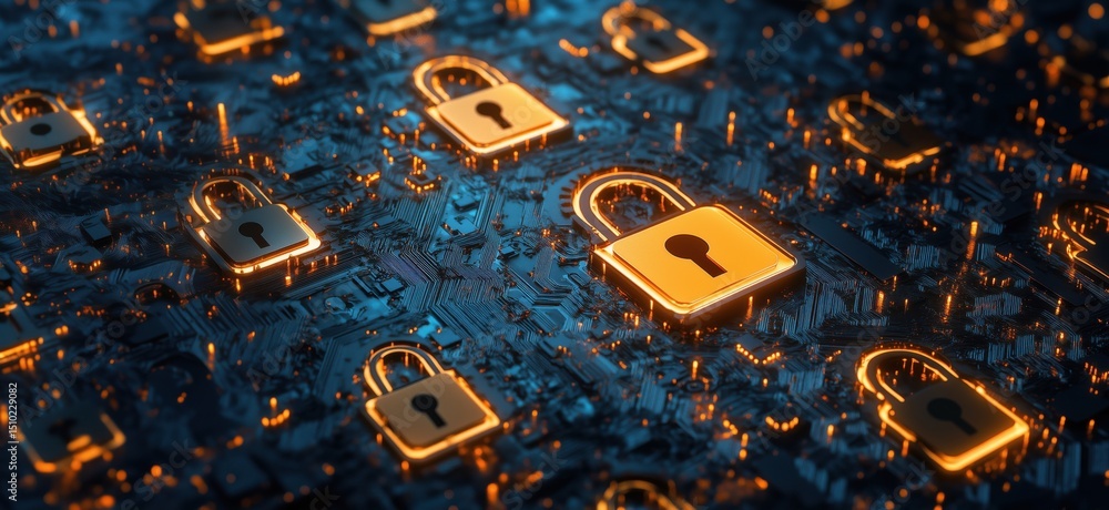 Aufkleber digital security concept with glowing locks on circuit board background