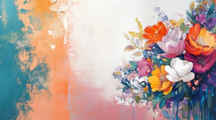 Floral Symphony in Bloom: A vibrant bouquet of meticulously painted blossoms bursts forth with color against a soft, textured canvas, showcasing a celebration of nature's beauty and artistry.
