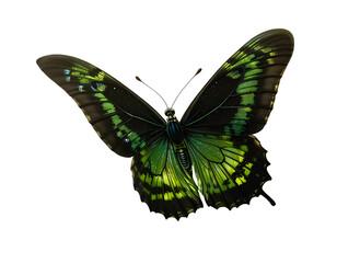 Fototapeta premium Rajah Brooke’s birdwing butterfly soaring, neon green and black wings, clear background.