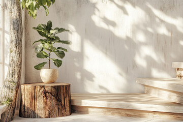 Natural wood stand in soft interior corner