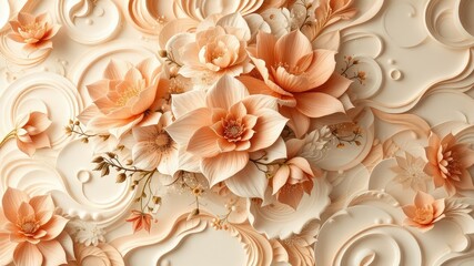 Wallpaper sticker, vintage background with floral ornament, Elegant 3D Floral Wallpaper Sticker in Peach 