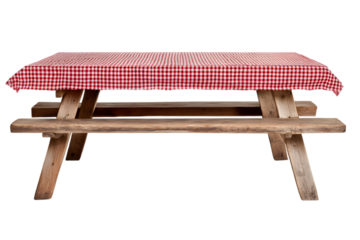 Wooden picnic table with red checkered cloth. Vector illustration isolated on white background. Ai Generated Images
