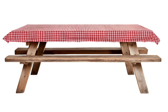 Wooden picnic table with red checkered cloth. Vector illustration isolated on white background. Ai Generated Images