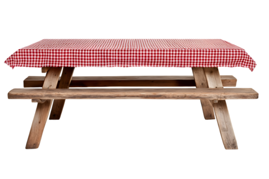 Wooden picnic table with red checkered cloth. Vector illustration isolated on white background. Ai Generated Images