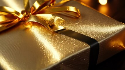Luxurious golden gift box wrapped with shiny ribbon bow rotating slowly displaying premium packaging and elegant presentation for special occasions - Powered by Adobe