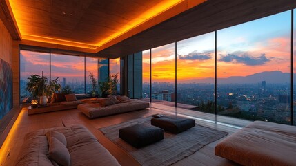 Modern penthouse living room with panoramic sunset views