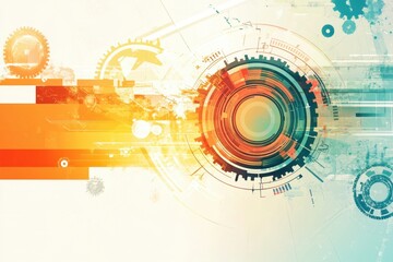 Obraz premium Technological Gears of Progress: Abstract illustration features intricate gear mechanisms in vibrant hues of orange, blue, and green.