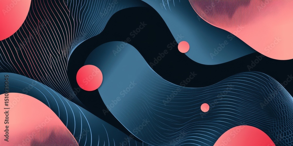 Poster abstract liquid forms: dynamic interplay of fluid shapes and lines in deep teal and coral, creating 
