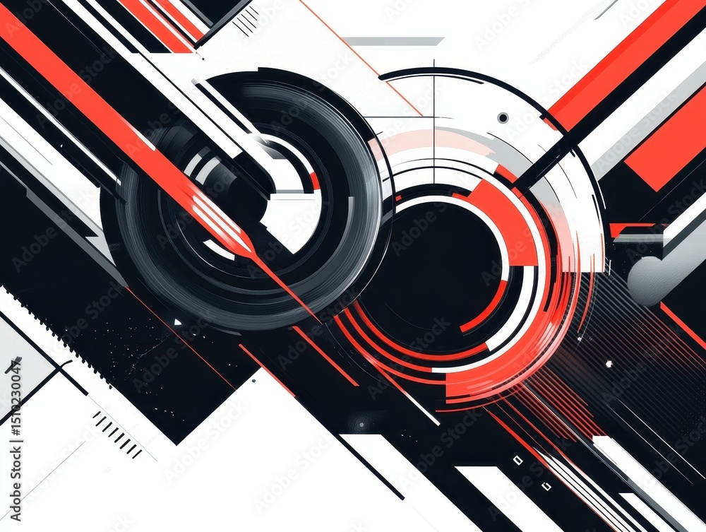 Poster abstract tech design: a dynamic composition of intersecting lines, circles, and geometric shapes in 