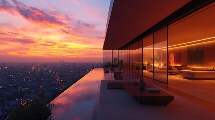 Luxury rooftop infinity pool at sunset, panoramic city views