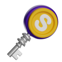 A digital coin with a dollar sign and a key, symbolizing cryptocurrency security and access.