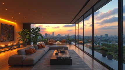 Modern penthouse living room with panoramic city views at sunset.  Spacious, minimalist design with large windows showcasing a breathtaking urban skyline.  Warm lighting and comfortable seating area