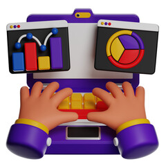 A 3D robot with screens showing graphs and charts, used for data analysis and business analytics.