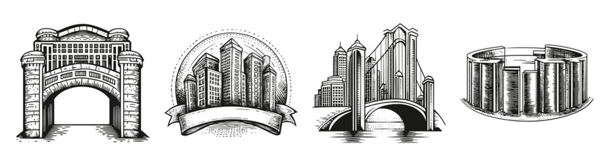 Unique Architectural Gate Designs, Illustrations in Black and White, vector illustration, engraving design, logo design set, black and white line, template design element