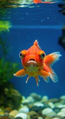 Astonishing Close-Up of a Telescope Goldfish in an Aquarium, Vibrant Orange Fins and Bulging Eyes