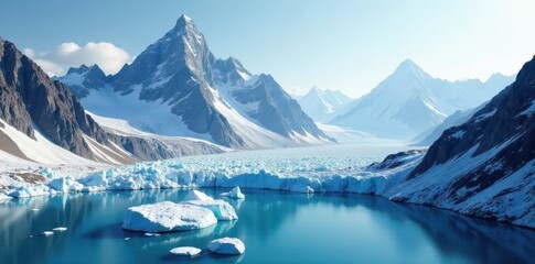 Jagged mountain peaks amidst glaciers and ice caves, frozen waterfalls, mountains, snow
