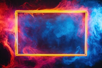 Neon Rectangle in Smoke: A vibrant, glowing neon rectangle in yellow/orange illuminates a dramatic background of swirling blue and red smoke, creating an edgy and modern aesthetic.