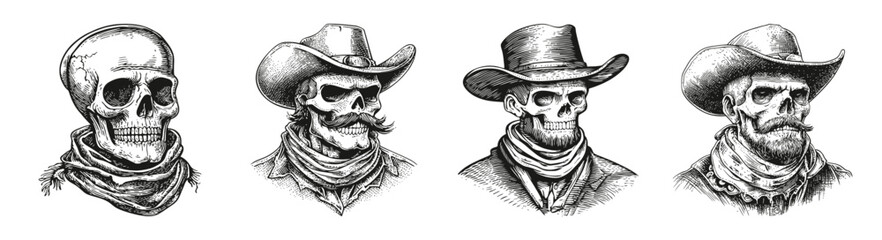 Vintage Skull Cowboy Illustrations with Bandanas and Hats, vector illustration, engraving design, logo design set, black and white line, template design element