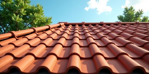 Low-pitched tile roof with curved lines and clean edges, geometric shapes, tile roofing, neutral color palette