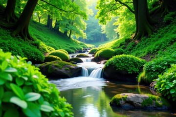 Lush greenery surrounding tranquil river stream, Woodland, Forest, Nature