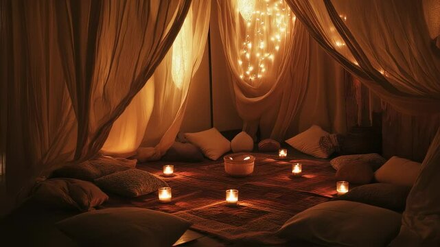 Inviting hideaway nook draped with soft fabrics, gentle lights illuminating cozy pillows, creating a serene haven for relaxation