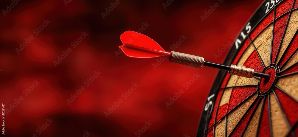 Poster red dart hitting bullseye on dartboard with blurred background