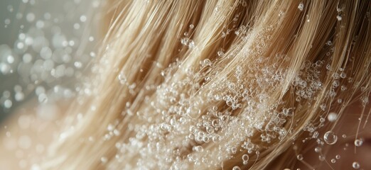 Close-up of blonde hair with bubbles, showcasing water droplets and texture