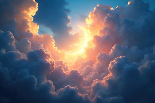 A majestic, ethereal light emanating from swirling clouds, symbolizing divine power and celestial glory Perfect for religious, spiritual, or fantasy themes , divine being, afterlife, god