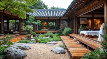 Tranquil Asian courtyard with wooden walkways and stone gardens