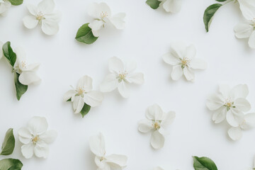 Naklejka premium White apple blossom petals and fresh green leaves scattered on a bright minimal background for natural springtime beauty concepts