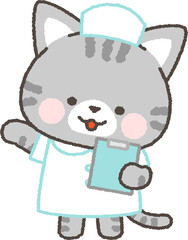 ボードを持って案内するサバトラネコの看護師