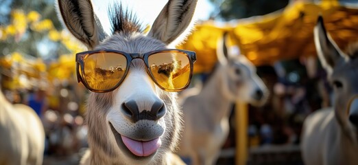 Donkey wearing sunglasses with playful expression at outdoor festival setting