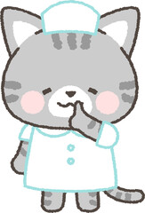 口元で指を立てるサバトラネコの看護師