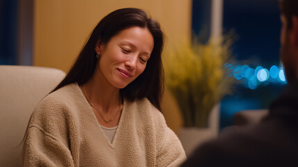 In a warm, modern therapy room with soft textures and neutral tones, the therapist leans forward with a compassionate expression, as a faint aura of light surrounds the client, sym