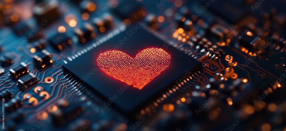 Poster heart symbol illuminated on microchip circuit board representing technology and love
