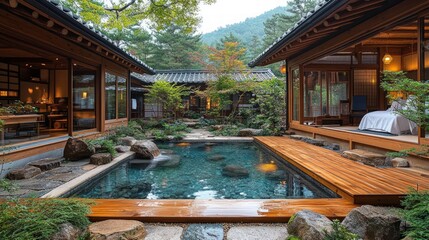 Tranquil Japanese garden with hot spring