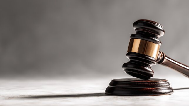 Wooden Judge's Gavel on Marble Surface in Courtroom Setting