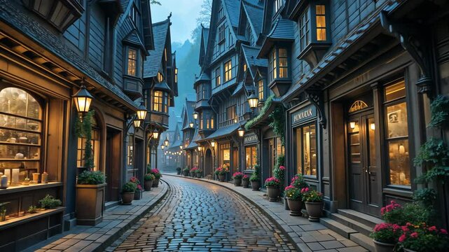 Quiet cobblestone street with medieval-style houses under twilight sky, warm window lights glowing. Concept of European historic town ambience